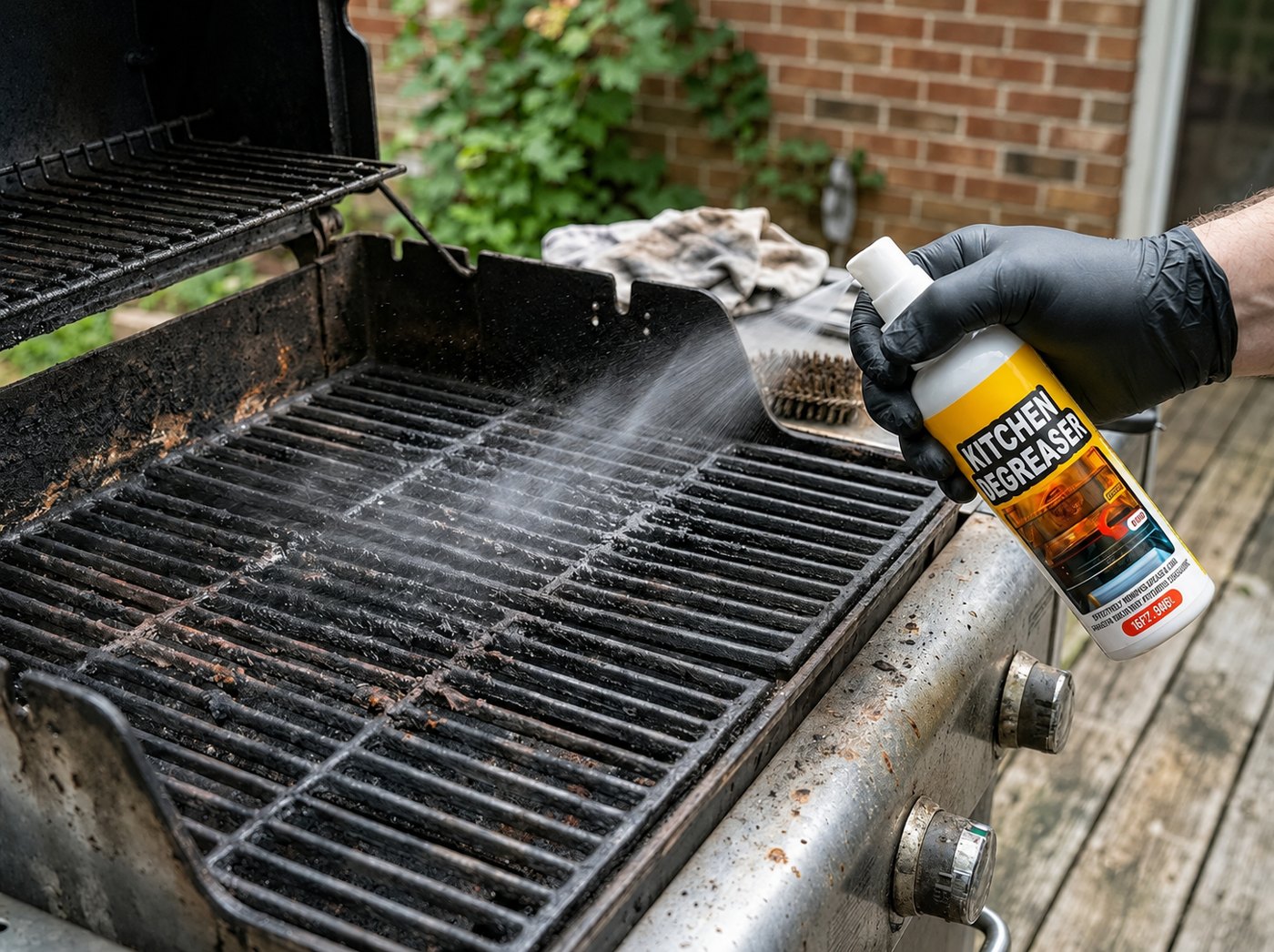 Spraying GreaseKiller foam onto BBQ grill grates