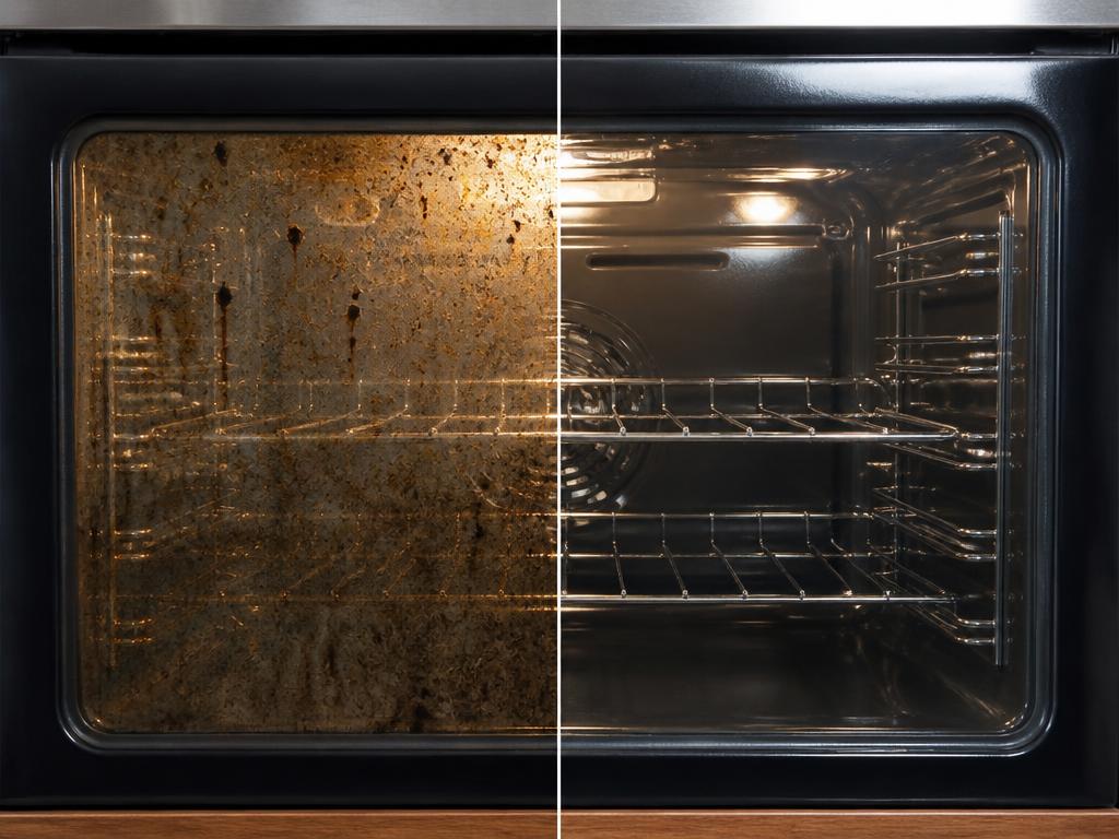 Oven door glass before and after cleaning with GreaseKiller Spray