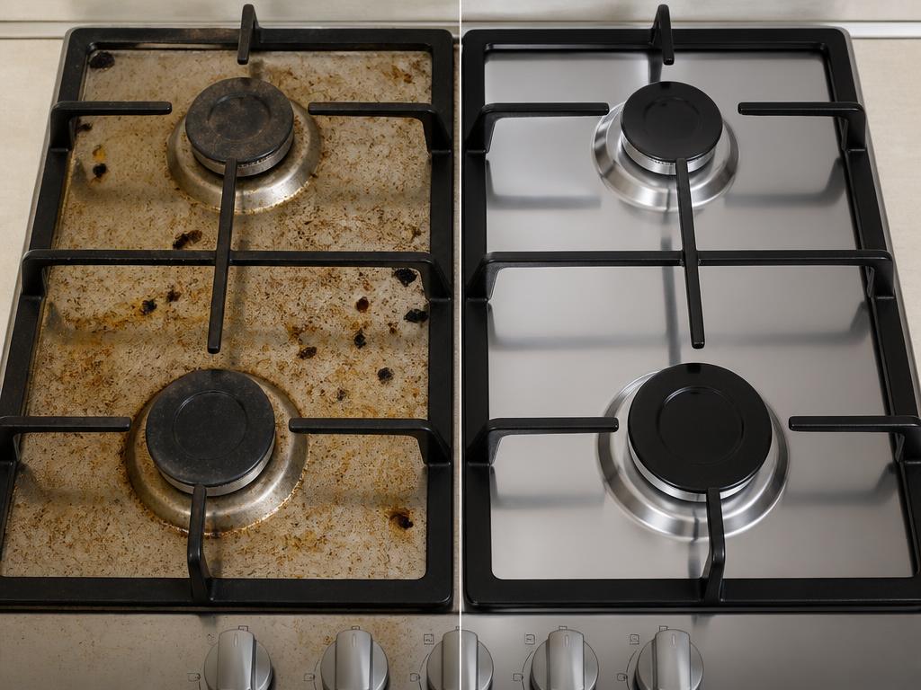 Gas stovetop before and after cleaning with GreaseKiller Spray