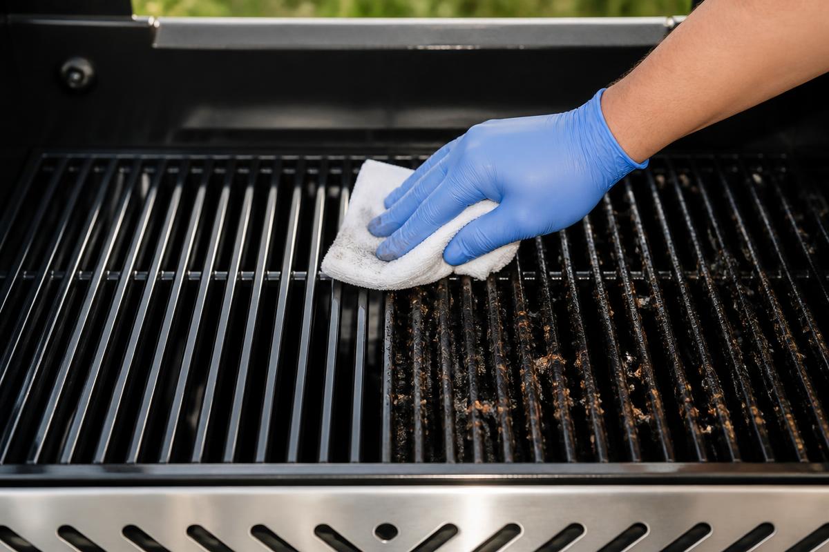 Wiping a grill grate clean with a cloth after using GreaseKiller Spray