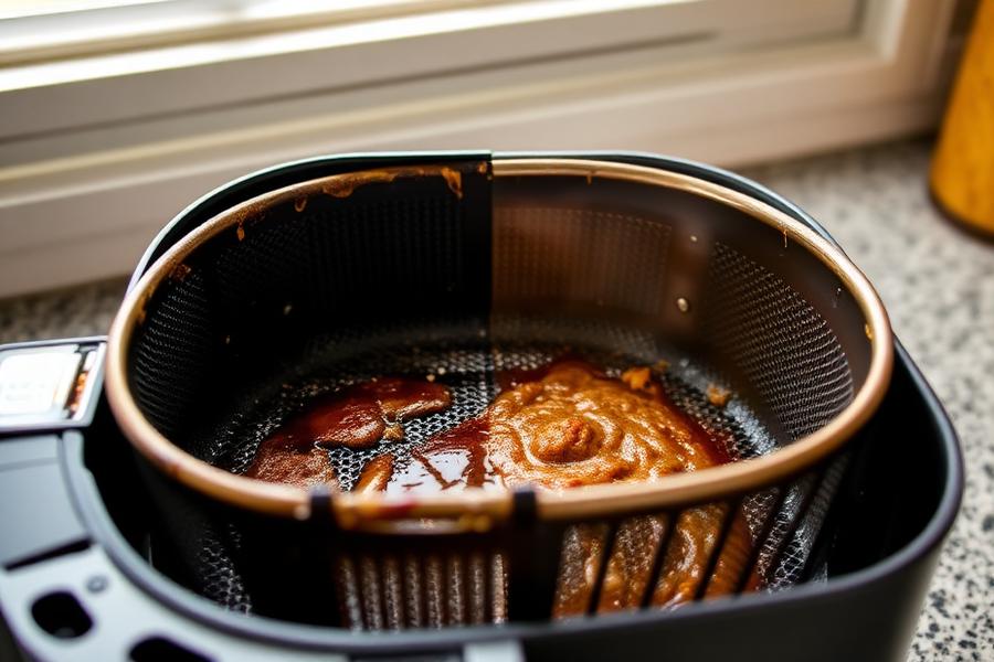 Greasy air fryer basket being cleaned