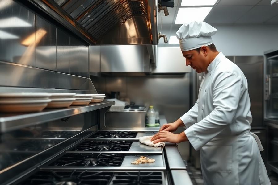 Chef cleaning a commercial stainless steel kitchen line