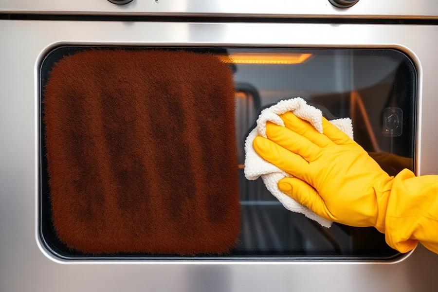Oven door glass being wiped free of baked-on grease