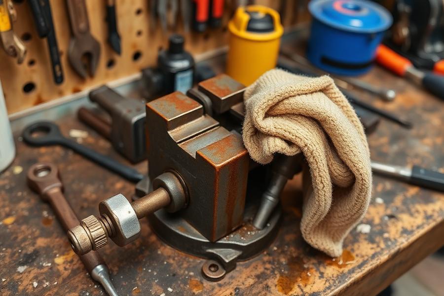 Greasy workshop bench and tools